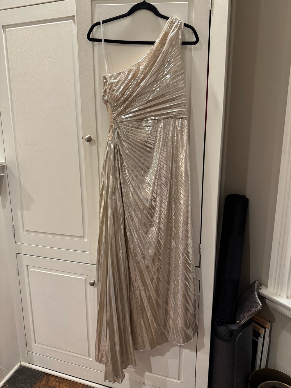 Minuet Metallic Silver One-Shoulder Pleated Maxi Dress